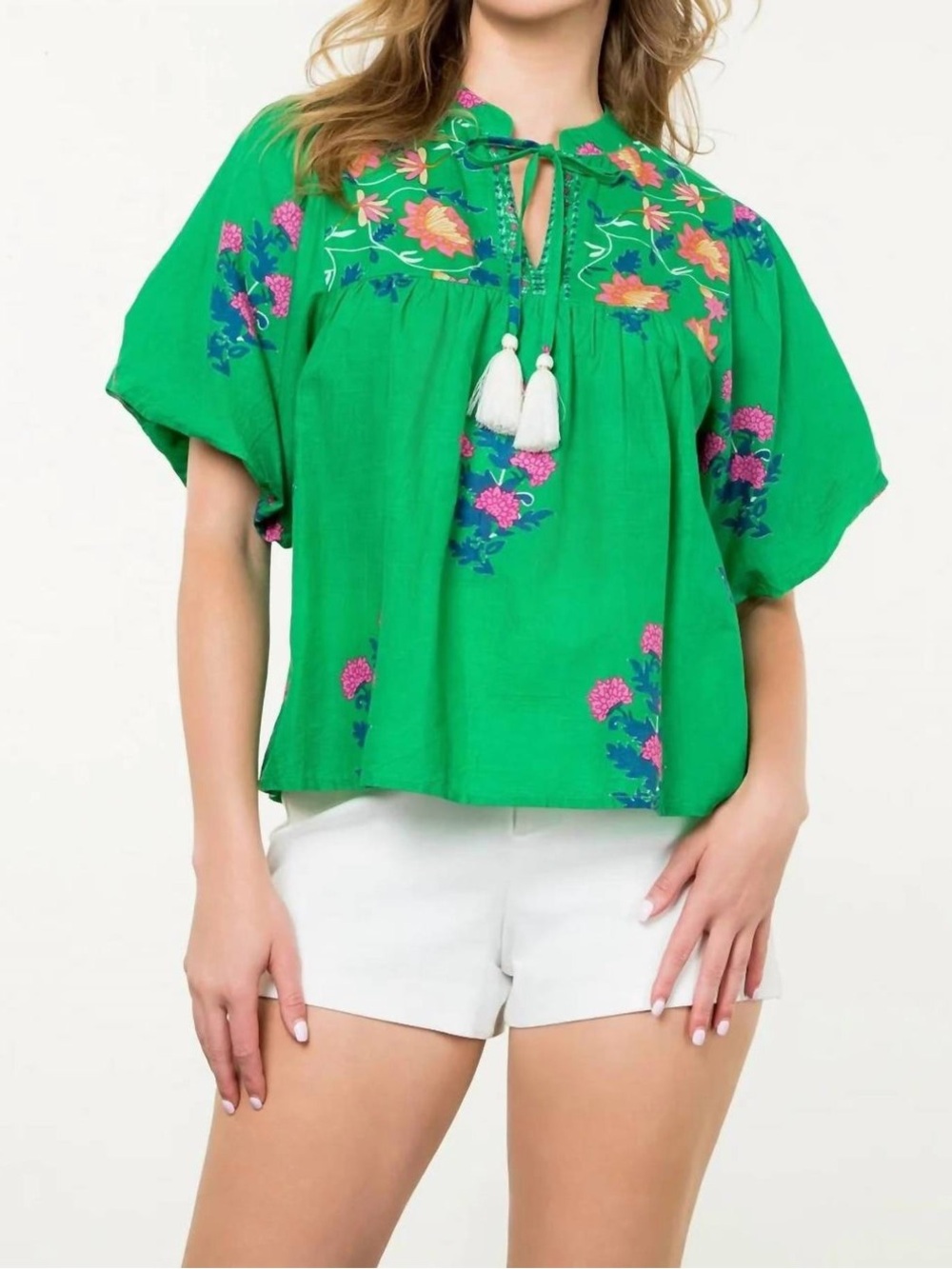 THML Green Embroidered Tassel Boho Blouse Size Large
